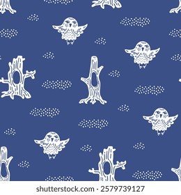 Cute cartoon owls. Forest baby pattern on blue background. Pastel seamless wallpaper for nursery. Northern magic bird flies between old tree trunks. Soulful illustration of kind animal for kids.