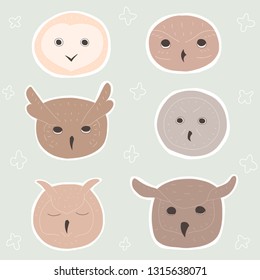 Cute cartoon owls heads on pastel background. Doodle birds on color like stickers. Set of owl. Vector illustration.