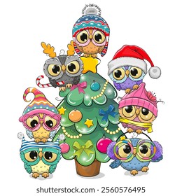 Cute Cartoon Owls near the Christmas tree