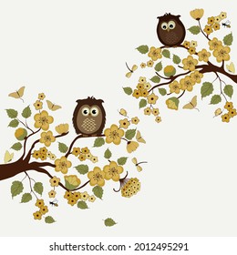 Cute cartoon owls on branch with flowers on white background