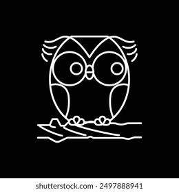 Cute cartoon owls on a branch isolated on black background. Vector illustration in outline style.