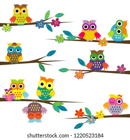 Cute cartoon owls on tree branch