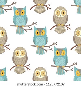 Cute cartoon owls on white background. Vector boundless background for your design.