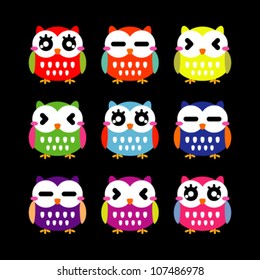 Cute cartoon owls set. Vector illustration