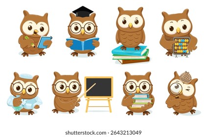 Cute cartoon owls in various educational activities, in a graduation cap holding a book, standing on books, one using an abacus, a scientist owl with a flask, a teacher pointing at a chalkboard, carry