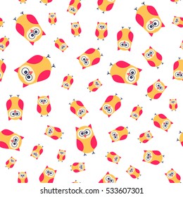 Cute cartoon owls. Vector seamless pattern with hand drawn flat birds. Bright colors owl on white background. 