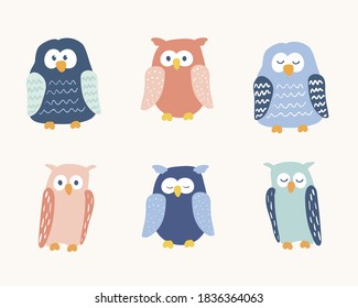 Cute cartoon Owls vector set. EPS10