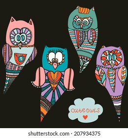 Cute cartoon owls in vector. Stylish concept childish card in bright colors.