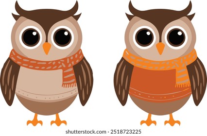 Cute cartoon owls wearing scarves for cozy autumn and winter wildlife-themed. Vector designs with PNG transparent background