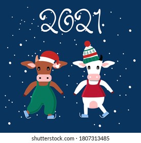 Cute cartoon Ox  and Cow in dress and scandinavian knitted hat skating.Happy Chinese New Year 2021,Merry Christmas card.Seasonal sale,gift card or promo flyer template.Bull family celebrating.Vector