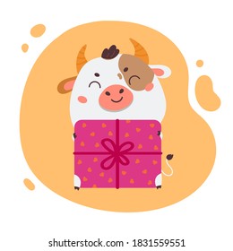 Cute cartoon ox with a gift box.Happy new year bull.Chinese new year 2021 symbol.Holiday animal on abstract background for the design of calendars, cards, advertising.Vector illustration.