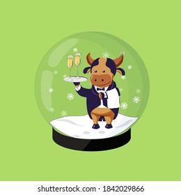 Cute cartoon ox holding tray and glasses with champagne, in glass ball with snowflakes. Funny Christmas decoration, flat vector illustration for New Year holidays. 2021 year symbol in Chinese calendar