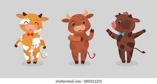 Cute Cartoon Ox. Symbol of the 2021 year. Funny Bulls dancing. vector illustration.