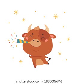 Cute cartoon ox.Happy new year.Chinese new year 2021 symbol.Holiday animal on white background with snowflakes for the design of calendars, cards, advertising.Vector illustration.