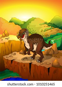 Cute cartoon pachycephalosaurus with landscape background. Vector illustration of a cartoon dinosaur.