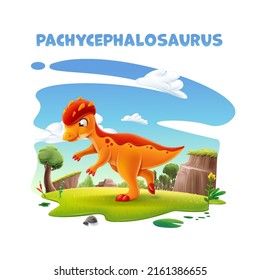 cute cartoon pachycephalosauruss on green meadow landscape 
with nature trees clouds plants