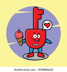 Cute Cartoon padlock key mascot holding ice cream cone cute modern style design for t-shirt, sticker, logo element