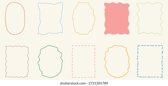Círculo lindo del marco de la pintura de la historieta, diseño cuadrado del fondo. Elegante marco dibujado a mano con remolinos vintage, cintas y arcos. Arte de línea minimalista. Conjunto de borde doodle con diseño de marco de arcos. 