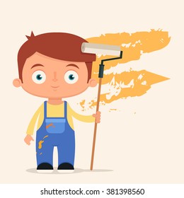 Cute Cartoon Painter Holding a Roller. Vector Illustration