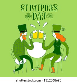 Cute cartoon pair in green clothes drinking beer in bar. St. Patrick's Day illustration for your design.