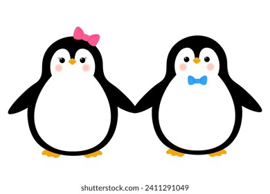 Cute cartoon pair of penguins in love isolated on white background. 