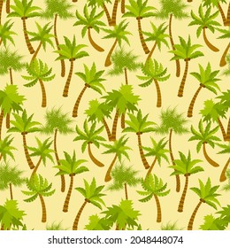 Cute cartoon palm oasis seamless pattern. Tropic nature background. Exotic trees in flat style. Jungle forest, rainforest.