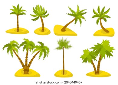 Cute cartoon palm on island set isolated on white background. Exotic trees in desert in flat style. Double, triple palm. Tilted plant. 
