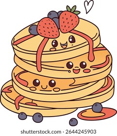 Cute cartoon pancakes stack with berries and syrup.