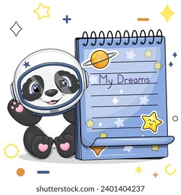 A cute cartoon panda astronaut and a blue notebook with stickers. Vector illustration of animal on a white background with stars, circles.