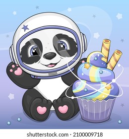 Cute cartoon panda astronaut with galaxy cupcake. Funny vector illustration of an animal on a blue background with stars.