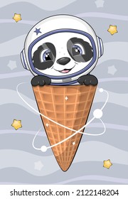 Cute cartoon panda astronaut in an ice cream cone. Space animal vector illustration of animal on gray background.