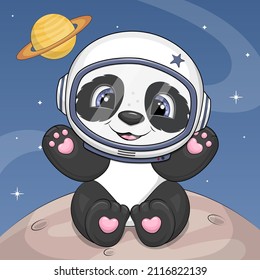 A cute cartoon panda astronaut is sitting on the moon. Vector illustration of an animal on a dark blue background.