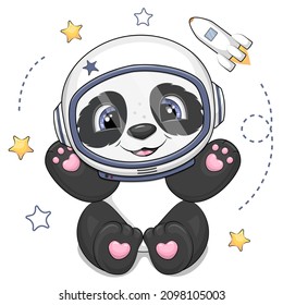 Cute cartoon panda astronaut wearing helmet. Space vector illustration isolated on white background with stars and rocket.