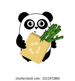 Cute cartoon panda with bamboo eco bag and recykling sign. Funny character for your design. Green energy concept. Panda protect. Ecology problems, environmental protection