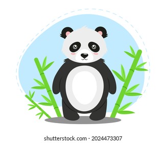 Cute, cartoon panda with bamboo in a flat style. Animals. Vector illustration