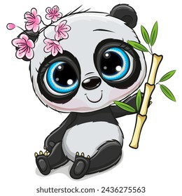 Cute Cartoon Panda with bamboo isolated on a white background