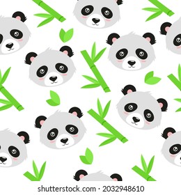 Cute, cartoon panda with bamboo on a white background. Seamless pattern. Can be used for wallpaper, pattern fills, web page background, surface textures
