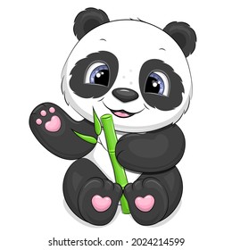 Cute cartoon panda with bamboo. Vector illustration of an animal on a white background.