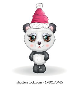 Cute cartoon panda bear with big eyes in a red Santa Claus hat. Greeting card, New Year and Christmas.