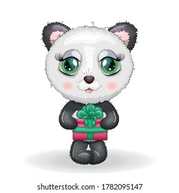 Los bonitos pandas de dibujos animados tienen grandes ojos con un regalo de Navidad, tarjeta de saludo, Año Nuevo y Navidad.