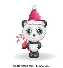 Cute cartoon panda bear with big eyes in a red Santa Claus hat with a caramel cane. Greeting card, New Year and Christmas