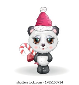 Cute cartoon panda bear with big eyes in a red Santa Claus hat with a caramel cane. Greeting card, New Year and Christmas