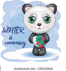 Cute cartoon panda bear with big eyes with a Christmas gift, winter is coming, greeting card, New Year and Christmas