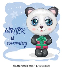 Cute cartoon panda bear with big eyes with a Christmas gift, winter is coming, greeting card, New Year and Christmas