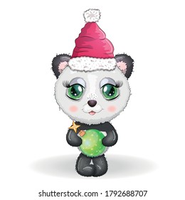 Cute cartoon panda bear with big eyes in a red Santa Claus hat with a Christmas ball. Greeting card, New Year and Christmas
