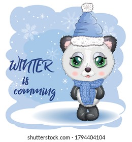 Cute cartoon panda bear with big eyes in a scarf and hat. Winter is coming. boy and girl, greeting card, New Year and Christmas