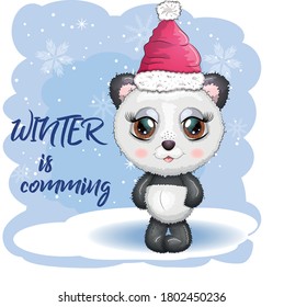 Cute cartoon panda bear with big eyes in a red Santa Claus hat. Winter is coming. greeting card.