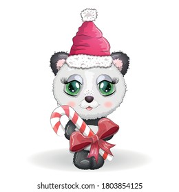 Cute Cartoon Panda Bär mit großen Augen in einem roten Weihnachtsmütze mit einem Karamellstock. Grußkarte, Neujahr und Weihnachten