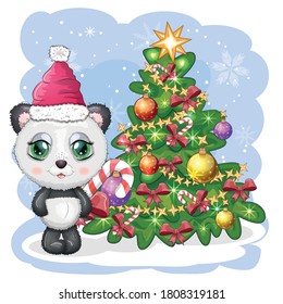 Cute cartoon panda bear with big eyes in a red Santa Claus hat with a caramel cane near the Christmas tree. Greeting card, New Year