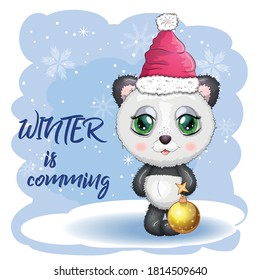 Cute cartoon panda bear with big eyes in a red Santa Claus hat with a Christmas ball. Winter is coming. greeting card